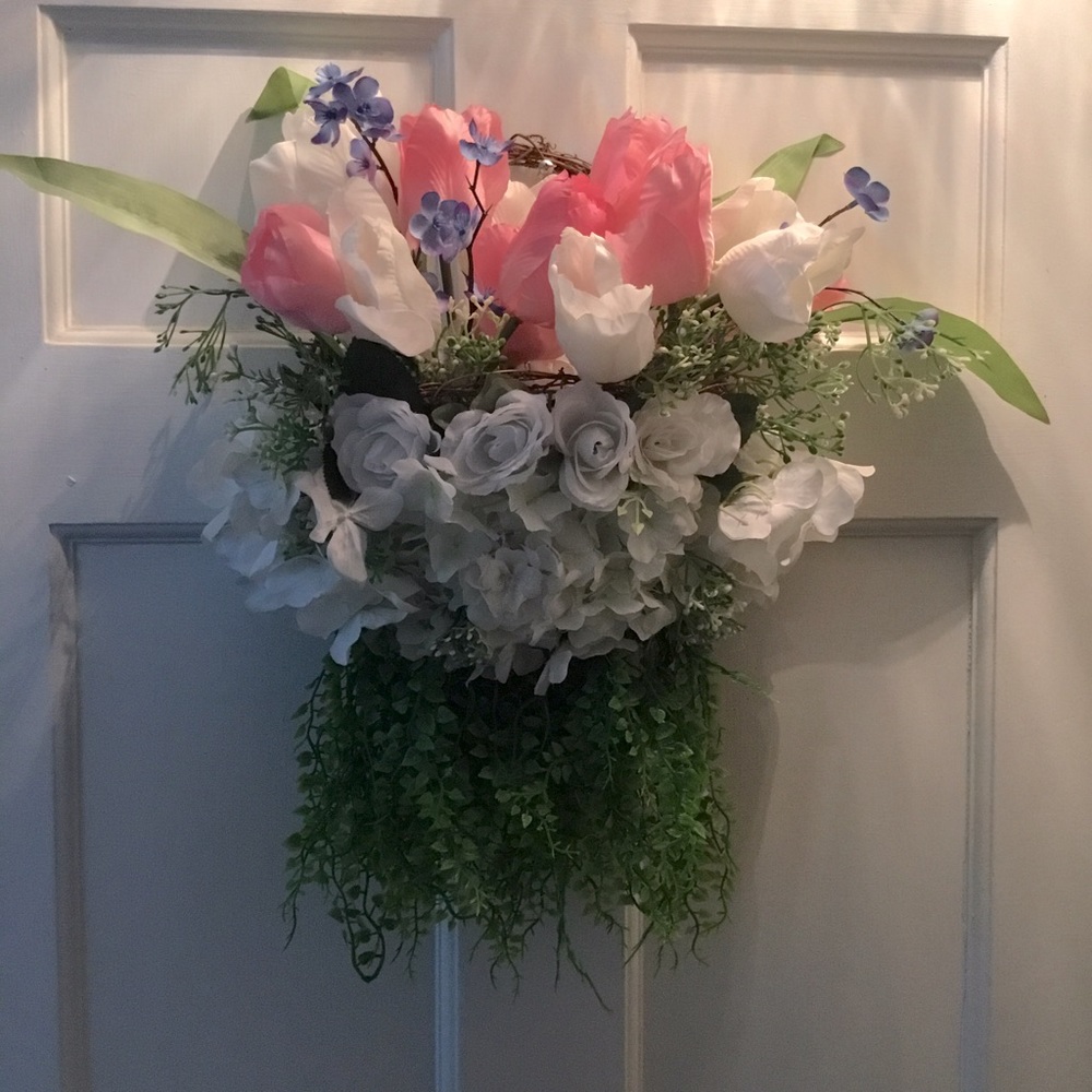 Pink and White Tulips-and roses, Hanging Basket.